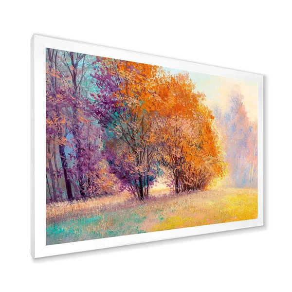 Designart 'Autumn Forest Orange Leaves Original Landscape' Lake House Framed Art Print - 20 in. Wide x 12 in. High - Black
