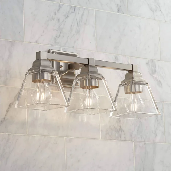 Regency Hill Modern Wall Light Satin Nickel Hardwired 20x22 Wide 3-Light Fixture Clear Glass for Bathroom Vanity