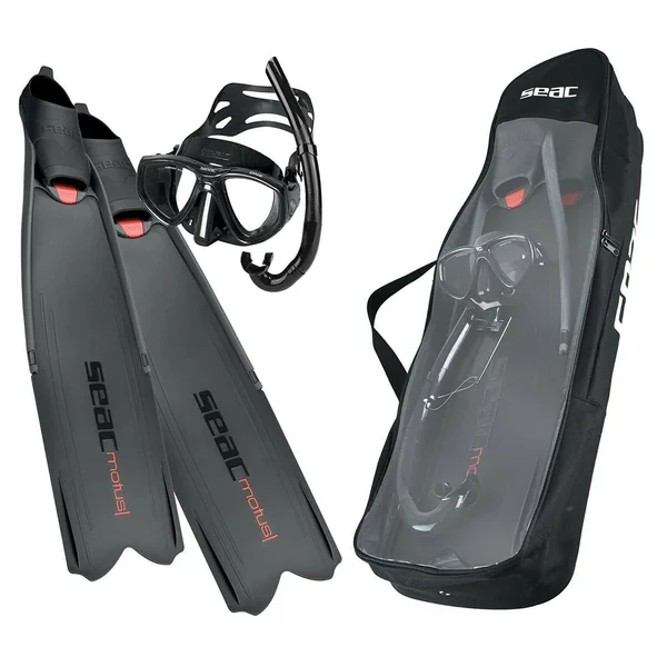 Seac Motus Tris, Freediving and Spearfishing Set with Motus Long Fins, One Diving Mask and Jet Snorkel, Shoulder Bag, Black