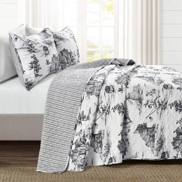 King 3PC French Country Toile Cotton Reversible Quilt Set Yellow/White - Lush D閏or