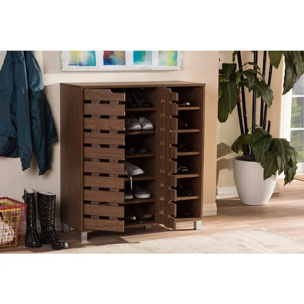 Baxton Studio Shirley 2 Door Shoes Cabinet with Open Shelves, Walnut Brown