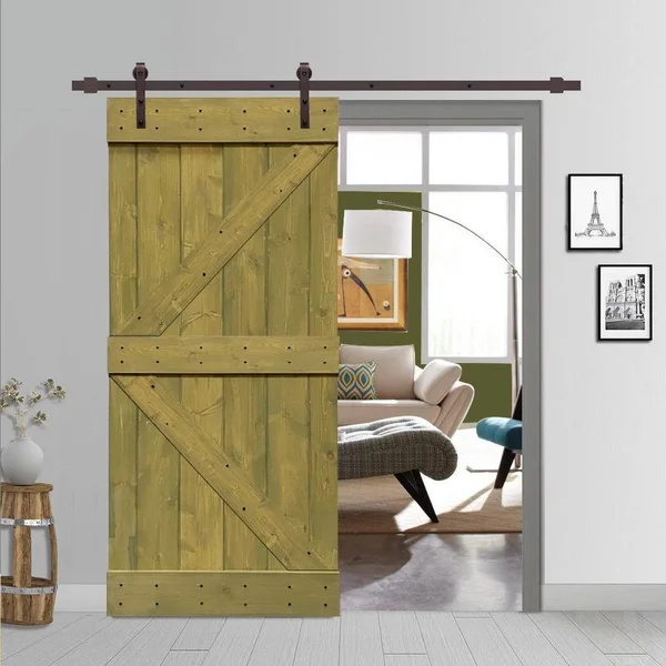 CALHOME K Series 30 in. x 84 in. Solid Jungle Green Stained Pine Wood Interior Sliding Barn Door with Hardware Kit