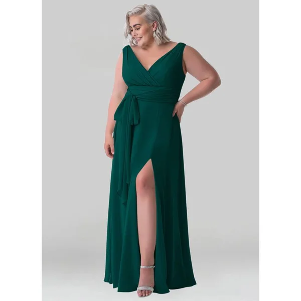 Azazie Plus Size A-Line/Princess V-Neck Floor-Length Chiffon Bridesmaid Dresses - Pine