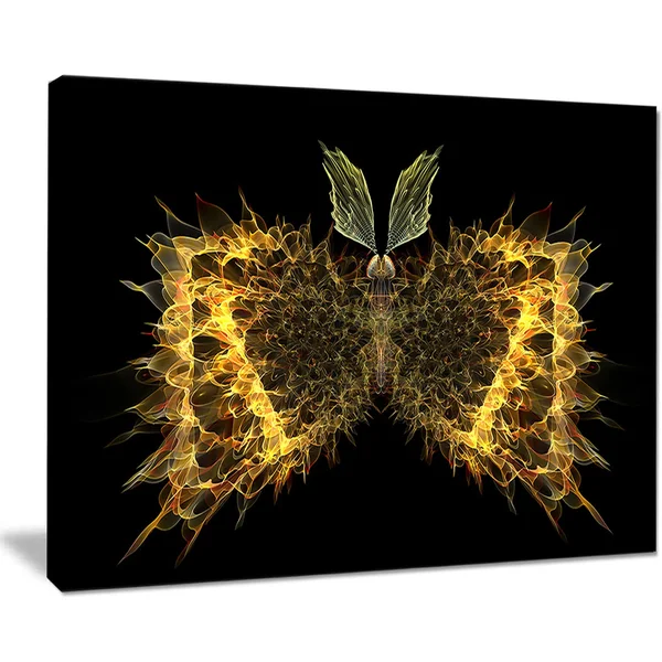 Design Art Golden Fractal Butterfly in Dark - Large Abstract Art Canvas Print - Yellow - 60 in. Wide x 28 in. High - 5 Equal Pane