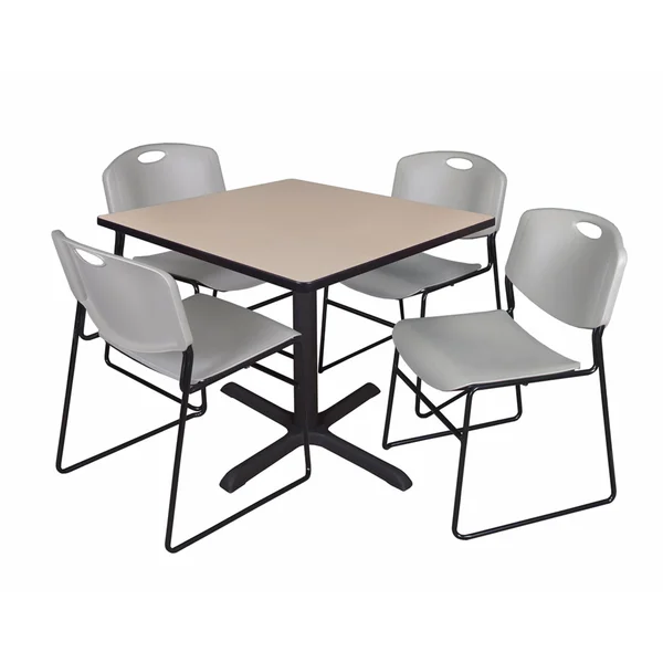Cain 42x22 Square Breakroom Table- Beige & 4 Zeng Stack Chairs- Grey