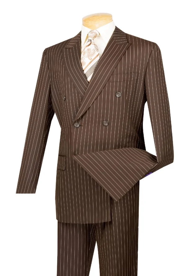 Vinci Men's Rockefeller Collection - Double Breasted Stripe Suit Brown Regular Fit 2 Piece 42 Long - 36 Waist, Brown