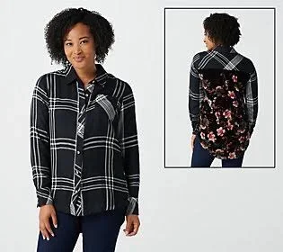 Tolani Collection Plaid Top with Printed Velvet BACK - Size 1X, Black/White