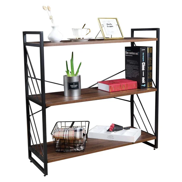 NOZE 3 Tier Industrial Bookshelf - Storage Rack Shelf for Home and Office, Rustic Bookcase, Walnut