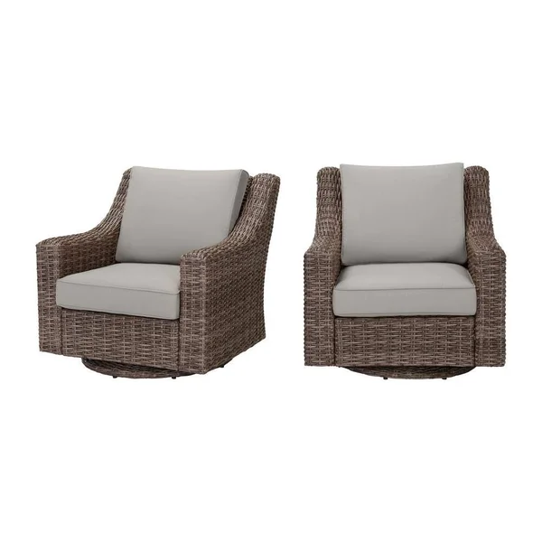 Hampton Bay Rock Cliff Brown Wicker Outdoor Patio Swivel Rocking Chair with CushionGuard Stone Gray Cushions (2-Pack)