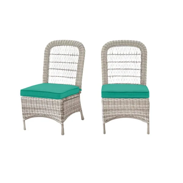 Hampton Bay Beacon Park Gray Wicker Outdoor Patio Armless Dining Chair with CushionGuard Seaglass Turquoise Cushions (2-Pack)