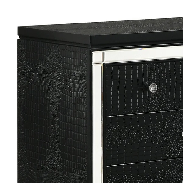 3 Drawer Wooden Nightstand with Mirror Accents and Faux Crystal Pulls - Black
