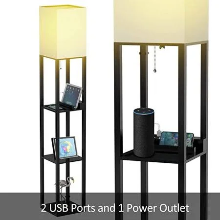 Floor Lamp with Shelves - Shelf Floor Lamps by Real Solid Wood with 2 USB Ports & 1 Power Outlet - Floor Lamps for Bedrooms