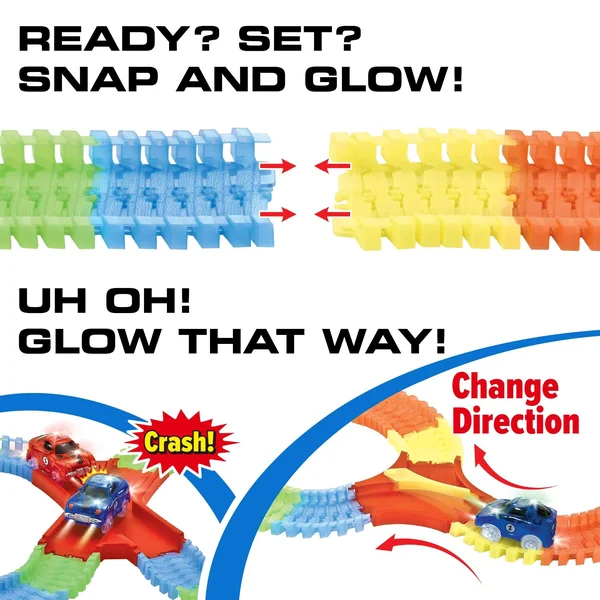 Glow Race Tracks for Boys 360pk Flexible Glow in The Dark Magic Snap Race Tracks for Kids w/ Light Up Car Toys, Car Racing Track