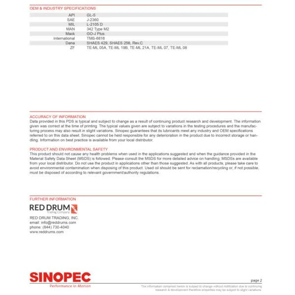 SINOPEC 85w140 Heavy Duty EP Gear Lube- 400lb. (55 Gallon) Drum