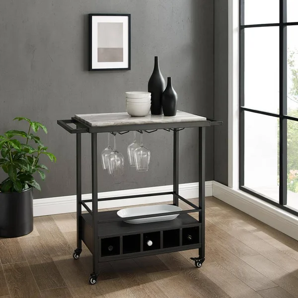 Walker Edison Furniture Company 5-Bottle Graphite and Grey Vein Cut Faux Marble Wood and Metal Modern Bar Cart