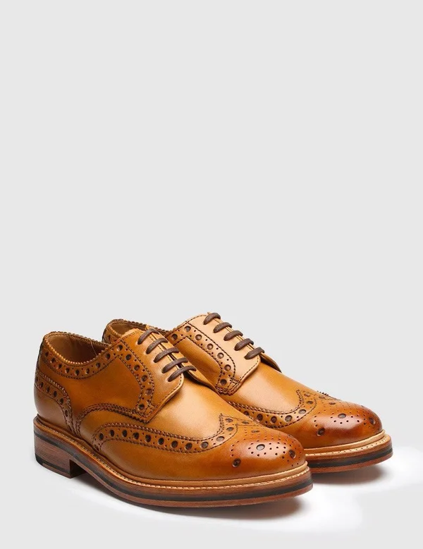 Grenson Archie Big Punch Brogue Shoes - Tan - Tan - 8.5