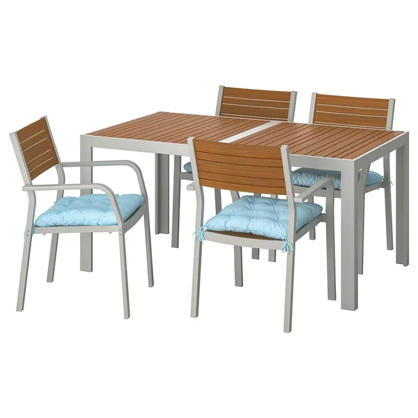 IKEA - SJ腖LAND Table and 4 Armchairs, Outdoor, SJ腖LAND Light brown/Kuddarna Light Blue, 61 3/8x35 3/8