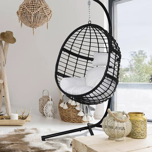 Maypex 78 in. Wicker Outdoor Basket Swing Chair with Black and White Cushion and Stand