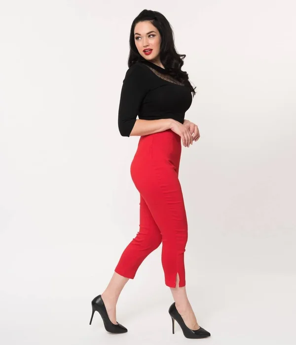 Unique Vintage Red High Waist Rachelle Capri Pants - Size M/6-8