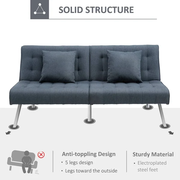 HOMCOM 2-Seater Convertible Sofa Bed with 7 Adjustable Angled Backrest Levels - 2 Pillows, and 5 Steel Legs - Grey