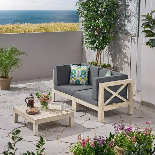 Noble House Brava Loveseat and Coffee Table Set with Cushion Weathered/Dark Gray - 306699