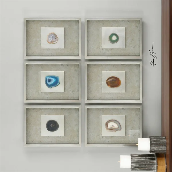 Diva at Home Set of 6 Colorful Agate Stones in Silver Leaf Shadow Box Frames Decorative Wall Art