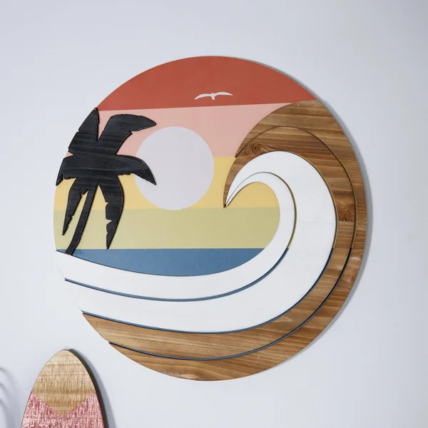 Stratton Home Decor Coastal Sunset Wave Round Wood Wall Art, Multi