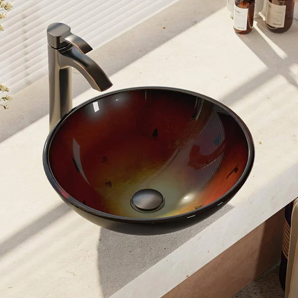 Rene R5-5007-R9-7006-ABR Foil Undertone Glass Vessel Sink with Antique Bronze Vessel Faucet, Sink Ring, and Vessel Pop-Up Drain