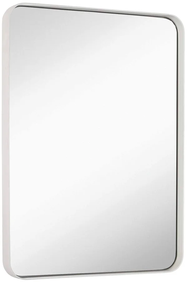 Hamilton Hills Contemporary White Metal Wall Mirror - Glass Panel White Framed Rounded Corner Deep Set Design, Mirrored Rectang