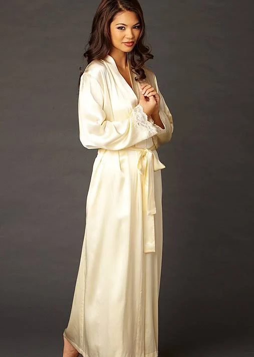 Julianna Rae, Indulgence Silk Robe, Pearl, XS, Luxury Long Silk Robe for Women, Calais Lace Cuffs, Side Pockets, Julianna Rae