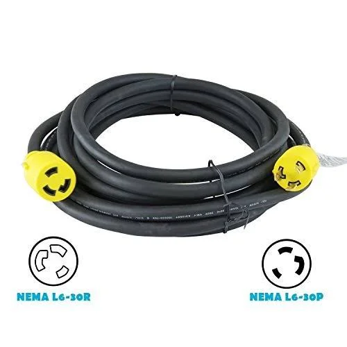 Houseables Extension Cord Electric Wire 3 Prong 30 Amp 250 Volt Single Black 25 ft All Rubber 10 Gauge Heavy Duty L6-30 Commerci