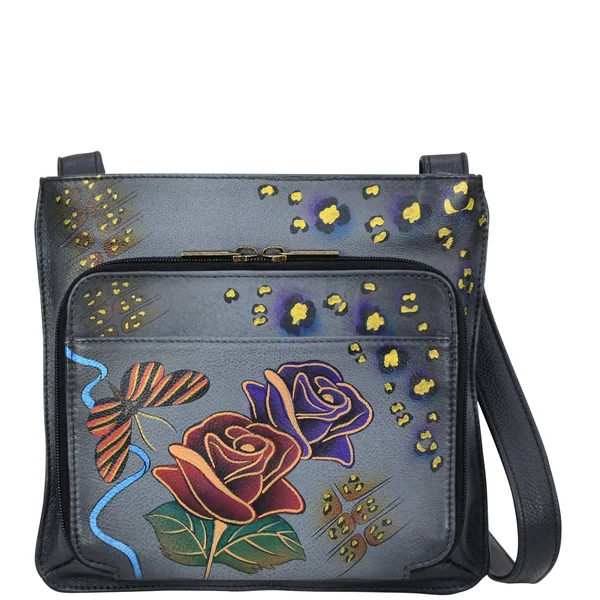Anna by Anuschka Women's Hand Painted Leather Slim Shoulder Organizer, Rose Safari Grey