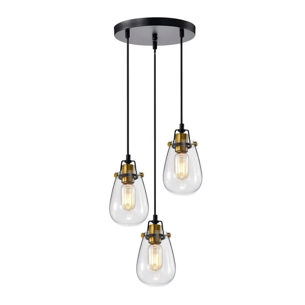 Edvivi 3-Light Black and Antique Gold Pendant with Glass Shade