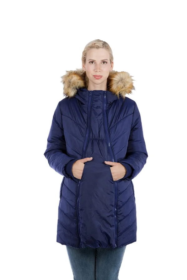 Women's Modern Eternity Faux Fur Trim Convertible Puffer 3-in-1 Maternity Jacket, Size Medium - Blue