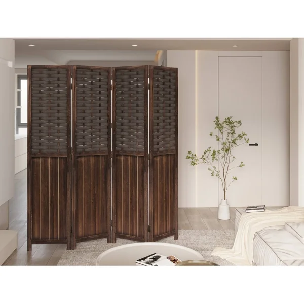 COZAYH 4-Panel 67x22 Half Shading Paulownia Solid Wood Frame Room Divider Privacy Screen - Light Brown