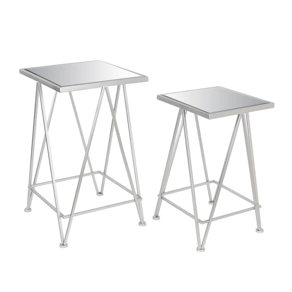 Classy Metal Side Table with Mirror - Set of 2