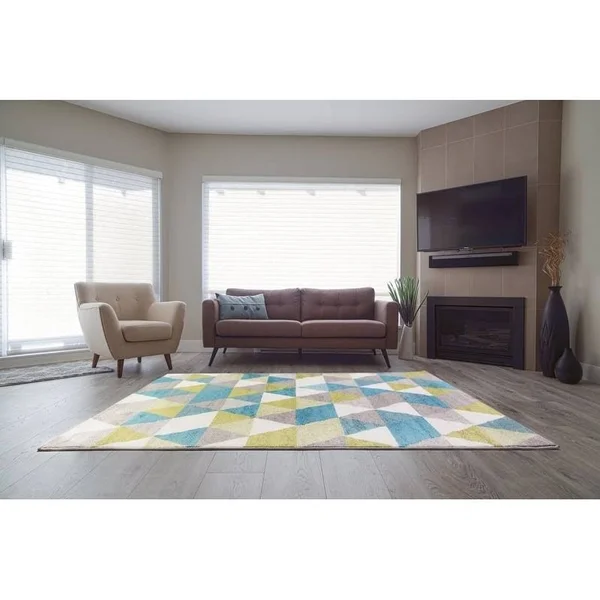 Ladole Rugs Boston Collection Geometric Pattern Empire Triangles Area Rug Carpet in Green Blue White, 8x11 (7'10 inch x 10'5 inc