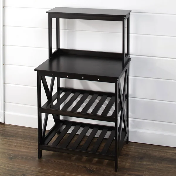 Distressed Finish Kitchen Baker's Rack with Hooks for Hanging - Black