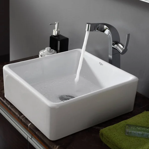 Kraus C-KCV-120-15100CH White Square Ceramic Sink and Typhon Faucet - Chrome