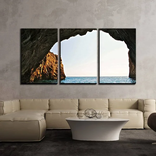 Wall26 - 3 Piece Canvas Wall Art - A Boat Is Out of Rock Cave in Fair Weather - Modern Home Decor Stretched and Framed Ready to
