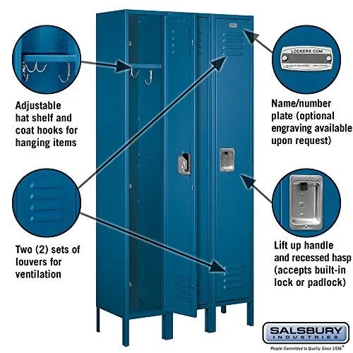 Salsbury Industries 61362BL-U Standard Metal Locker - Single Tier - 3 Wide - 6 Feet High - 12 Inches Deep - Blue - Unassembled