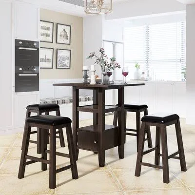 5 Pieces Counter Height Wood Kitchen Dining Table Set with 4 Upholstered Stools, Brown Red Barrel Studio Table Top Color: Black