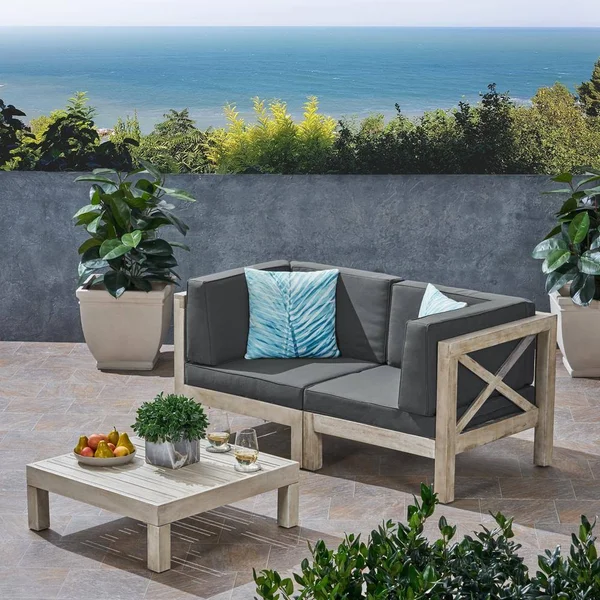 Noble House Brava Loveseat and Coffee Table Set with Cushion Weathered/Dark Gray - 306699