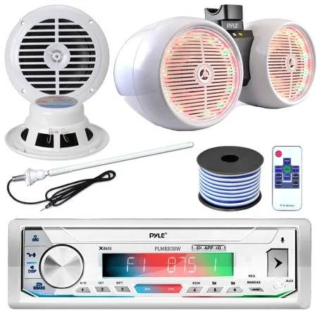 Pyle Plmrb39w Single DIN Am/fm Radio Usb/aux Bluetooth Marine White Receiver with 6.5 inch 400W Wakeboard White Marine LED Speak