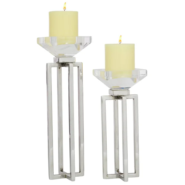 2 Pcs Candle Holders for Pillar Candles Modern Glass and Stainless Steel Centerpieces for Home Silver - 4 x 4 x 13 - White