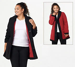 Susan Graver Weekend Reversible Sherpa & Polarfleece Coat - Size X-Small, Black/Red