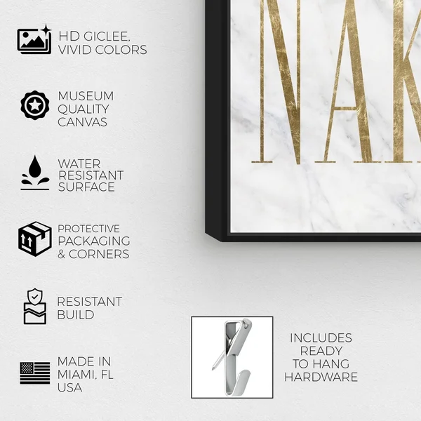 Oliver Gal Bath and Laundry Wall Art Framed Canvas Prints 'Get Naked Toilet Sign' Bath - Gold, White - 36 x 54