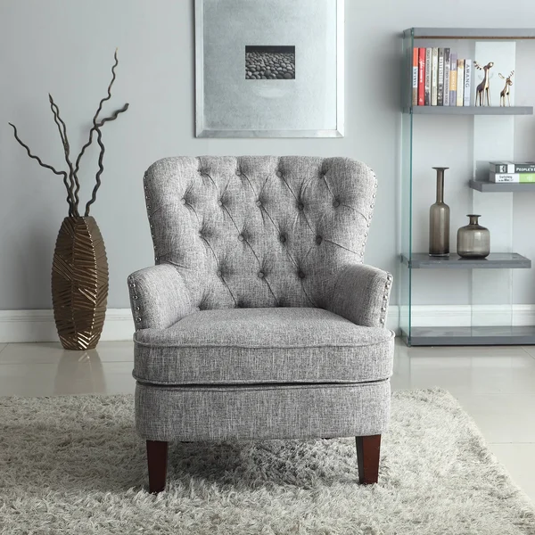 Bentley Button Tufted Accent Chair with Nailhead TRIM, Gray-White