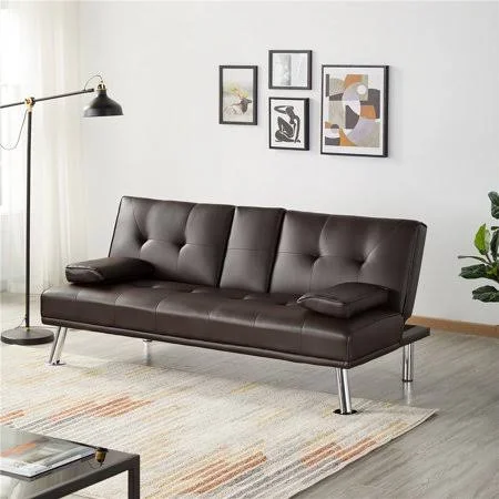 Alden Design Modern Faux Leather Reclining Futon with Cupholders and Pillows, Espresso, Size: 66x37x15.7in (LxWxH)