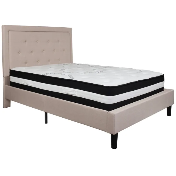 Full Panel Tufted Platform Bed/Mattress in Beige Fabric